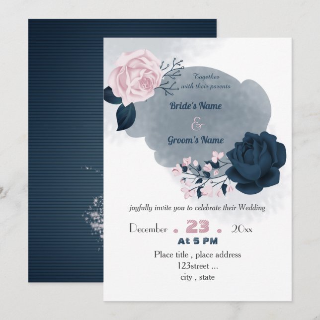 Invitación boda elegante de flores azul marino y rosa (Anverso / Reverso)