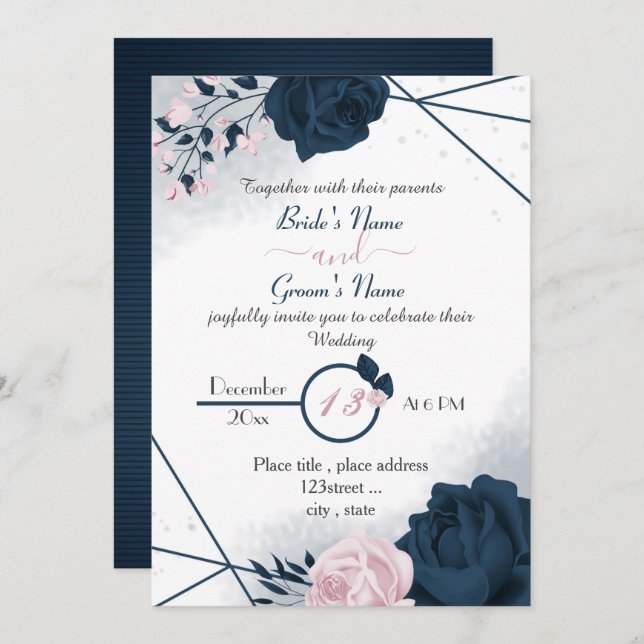Invitación boda elegante de flores azul marino y rosa (Anverso / Reverso)