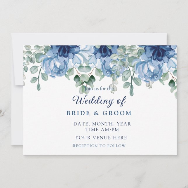Invitación Boda elegante de flores azules polvorientas de euc (Anverso)