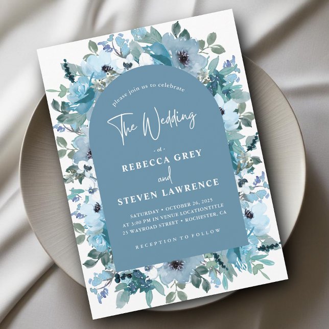 Invitación Boda elegante de flores azules polvorientas de pri (Subido por el creador)