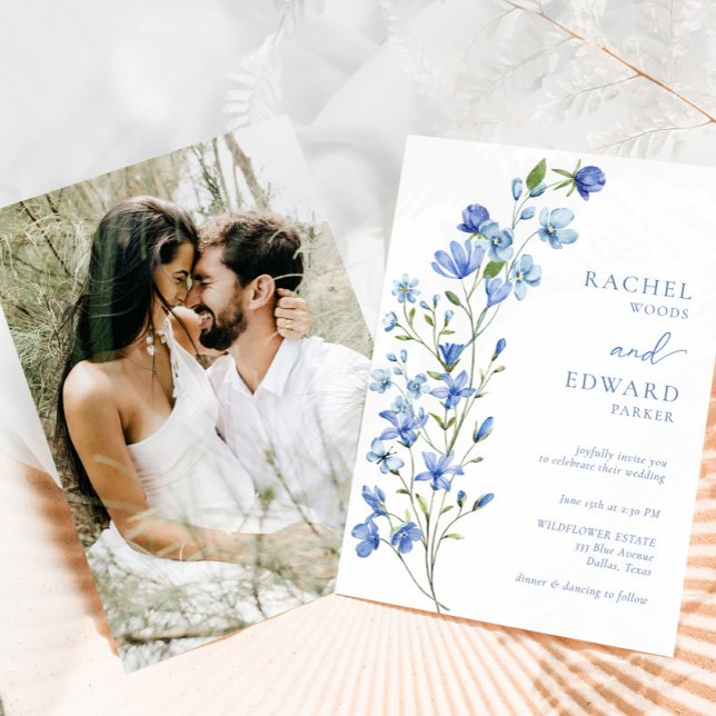 Invitación Boda elegante de flores azules turbias (Subido por el creador)