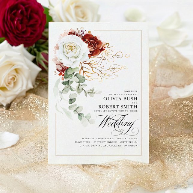 Invitación Boda elegante de flores blancas y rojas de Borgoña (Burgundy Red and White Botanical Flowers Chic Wedding Invitation)