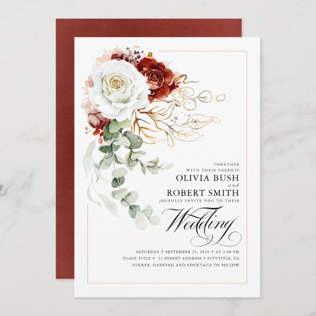 Invitación Boda elegante de flores blancas y rojas de Borgoña (Anverso / Reverso)
