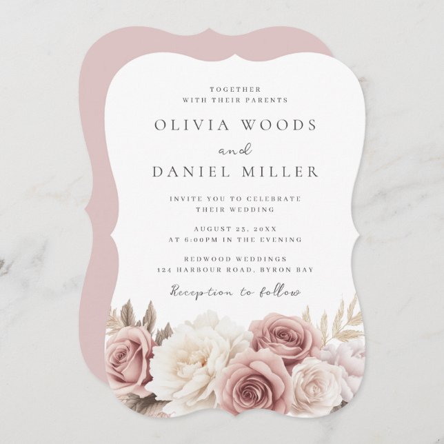 Invitación Boda elegante de flores blancas y Rubor (Anverso / Reverso)
