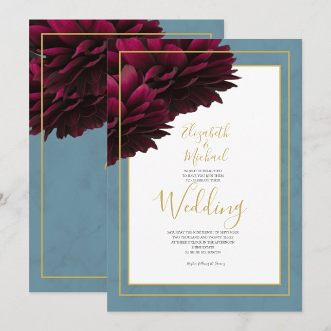 Invitación Boda elegante de flores borgoña azul dorado polvor (Anverso / Reverso)