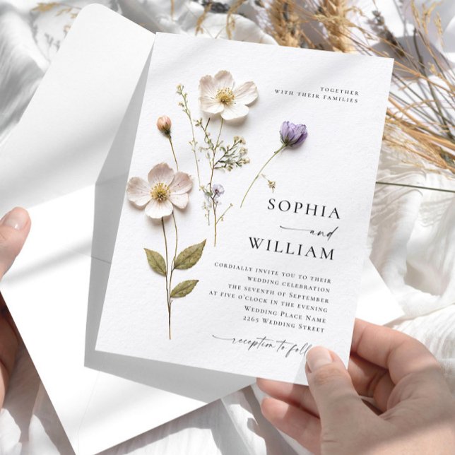 Invitación Boda elegante de flores de Boho pastel presionado (Subido por el creador)