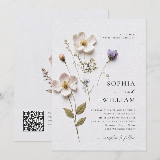 Invitación Boda elegante de flores de Boho pastel presionado (Anverso / Reverso)