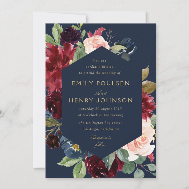 Invitación boda elegante de flores de borgoña marina (Anverso)