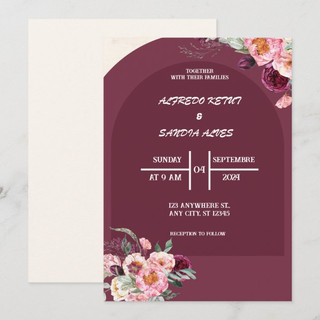 Invitación boda elegante de Flores de Crimson de Borgoña (Anverso / Reverso)