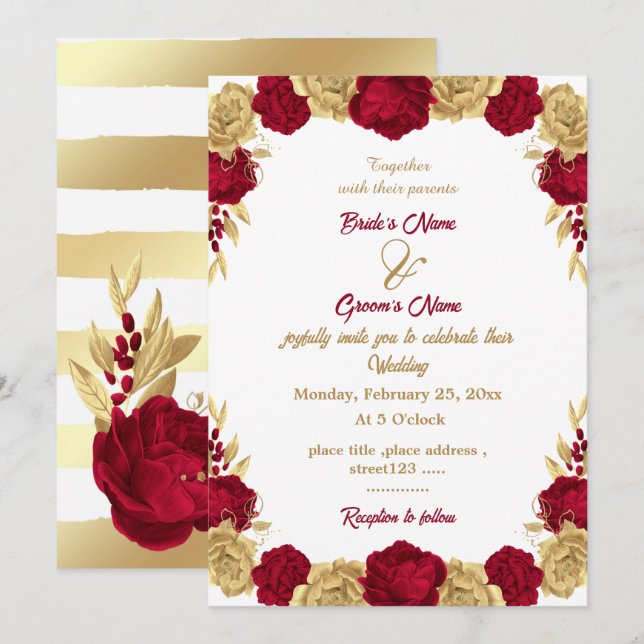 Invitación Boda elegante de flores de oro y burdeos (Anverso / Reverso)