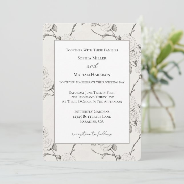 Invitación Boda elegante de flores de otoño crema negro (Anverso de pie)