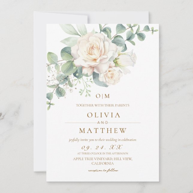 Invitación Boda elegante de flores de rosas blancas (Anverso)