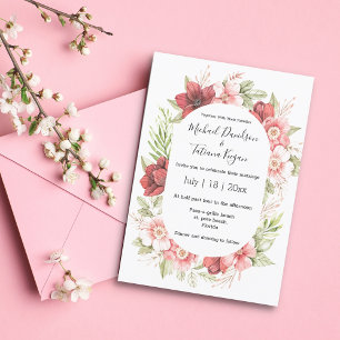 Invitación boda elegante de flores rojas color agua verde