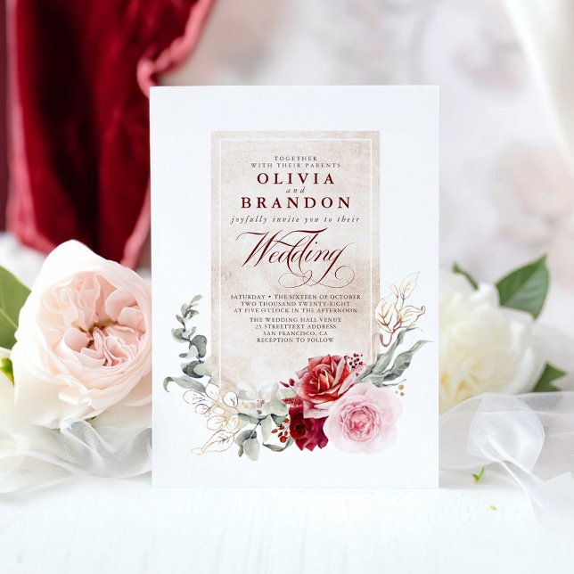 Invitación Boda elegante de flores rojas y rosas de Borgoña (Burgundy red and pink floral chic wedding invitation)