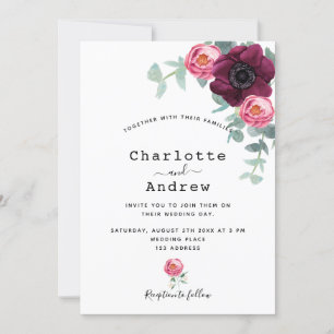 Invitación Boda elegante de flores rosadas de Borgoña