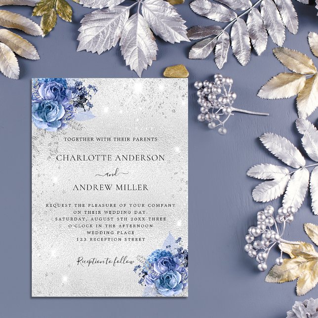Invitación Boda elegante de florines azules plateados (Subido por el creador)