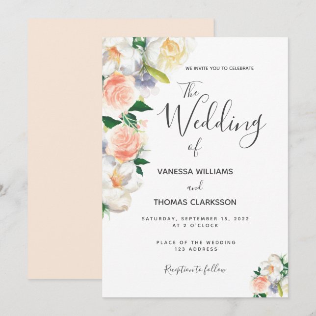 Invitación Boda elegante de florines blancos de Rubor (Anverso / Reverso)