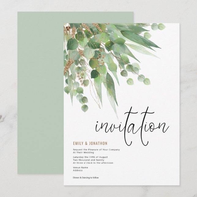 Invitación Boda Elegante de Guión de Eucalipto de Oro Verde (Anverso / Reverso)