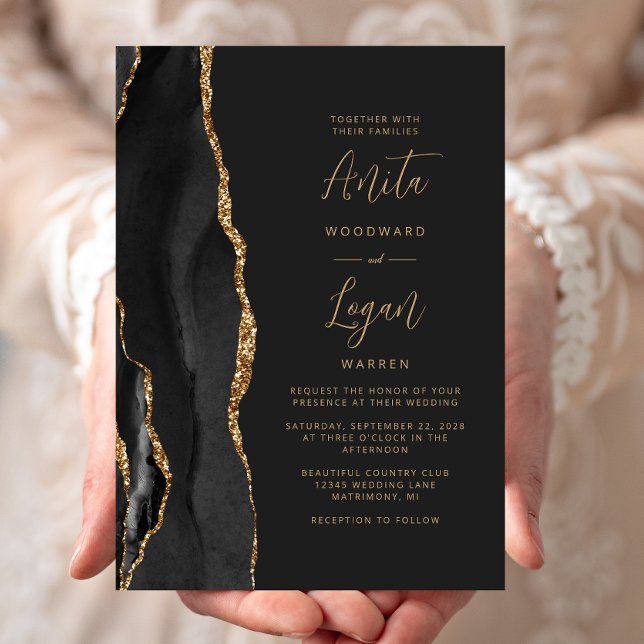 Invitación Boda elegante de guiones dorados del Black Agate (Subido por el creador)