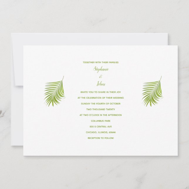 Invitación Boda elegante de hojas de palmera tropical verde b (Anverso)