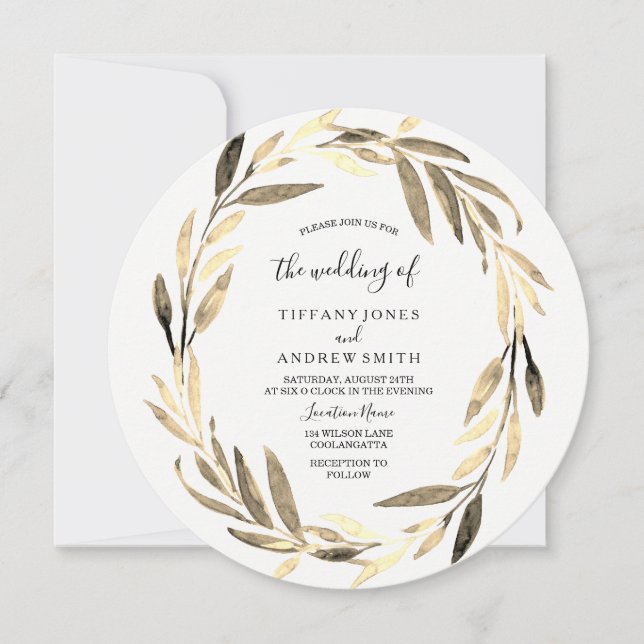 Invitación Boda elegante de hojas doradas (Anverso)