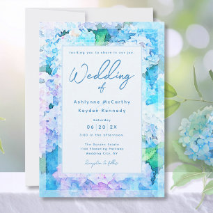 Invitación Boda elegante de hortensias azules con acuarela