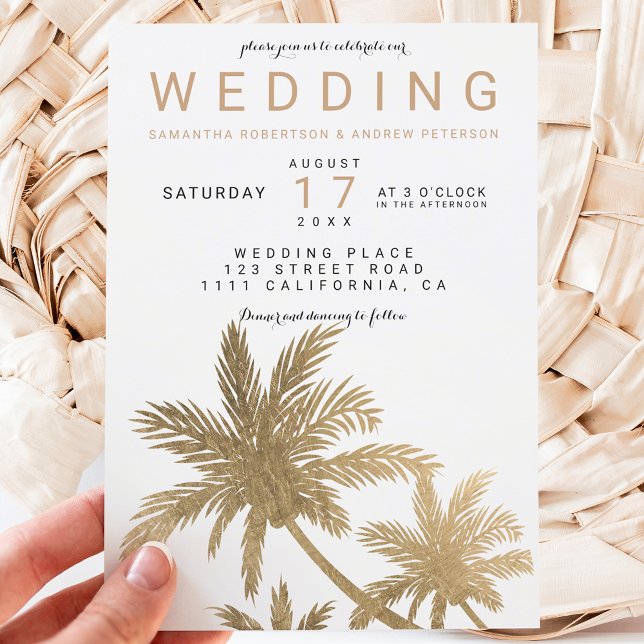 Invitación Boda elegante de imitación de palmeras de oro mode (Subido por el creador)