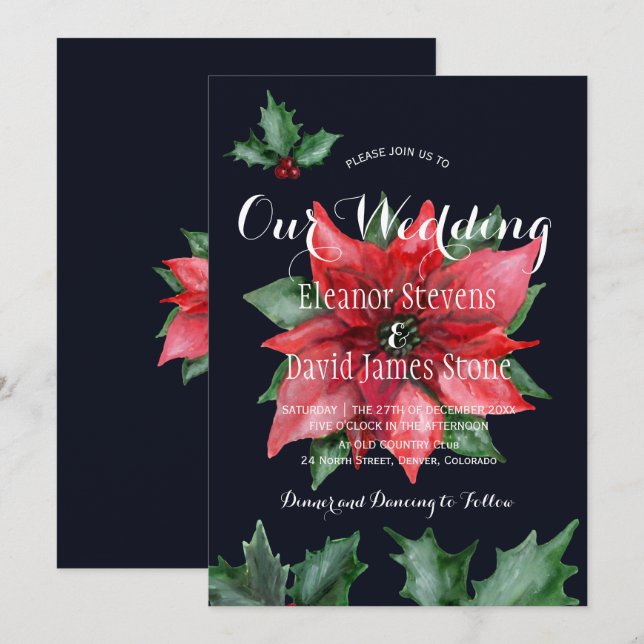 Invitación Boda elegante de invierno rojo de la marina de Poi (Anverso / Reverso)
