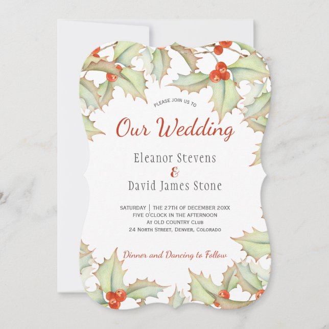 Invitación Boda elegante de invierno rojo y verde (Anverso)