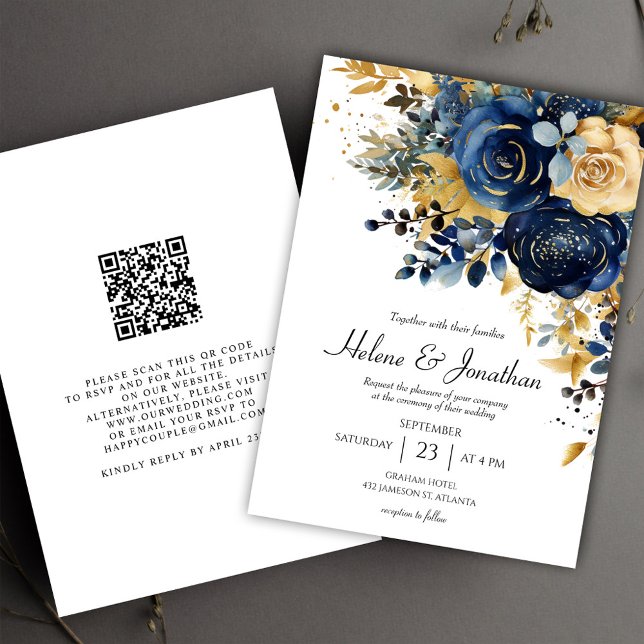 Invitación Boda elegante de jardín azul marino floral dorado (Floral Navy Blue Gold Garden Elegant Wedding Invitation)