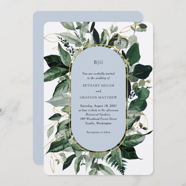Invitación Boda elegante de jardín botánico azul polvoriento  (Anverso / Reverso)