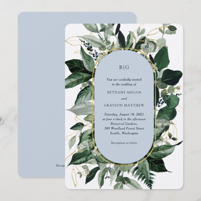 Invitación Boda elegante de jardín botánico polvoriento azul  (Anverso / Reverso)