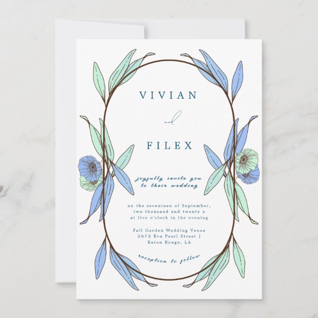 Invitación Boda elegante de la cápsula floral azul (Anverso)