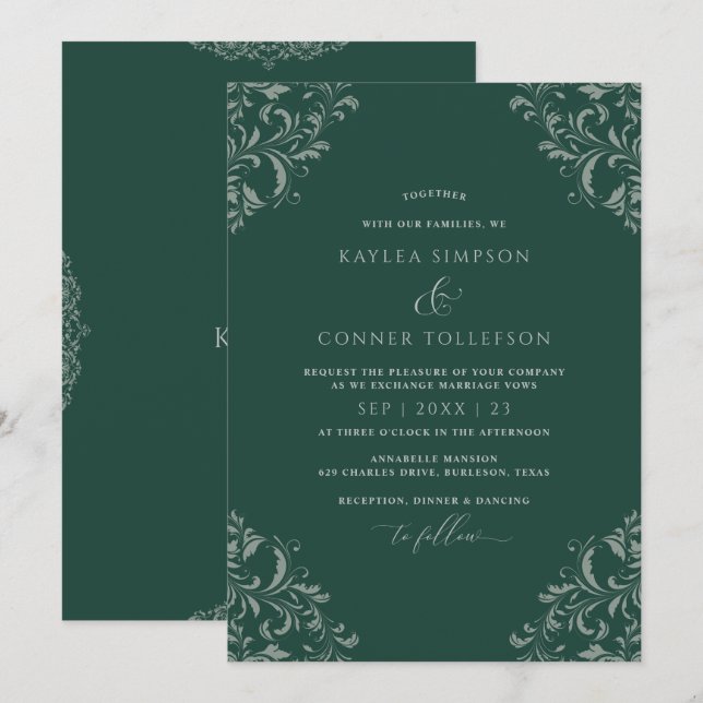 Invitación Boda elegante de la cosecha verde esmeralda (Anverso / Reverso)
