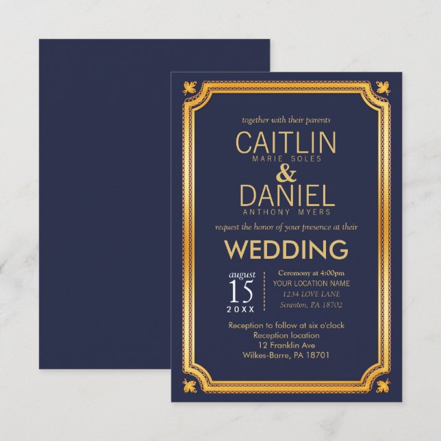 Invitación Boda elegante de la escritura de los falsos azules (Anverso / Reverso)