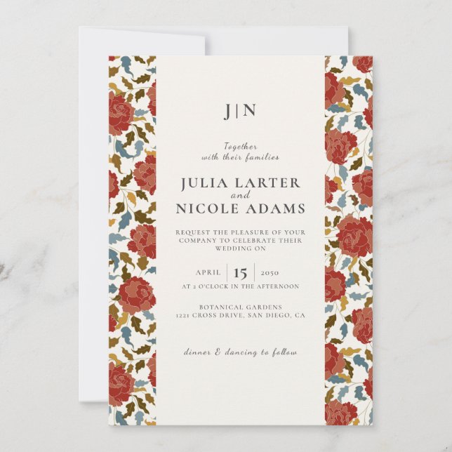 Invitación Boda elegante de la flor rosa roja dorada (Anverso)