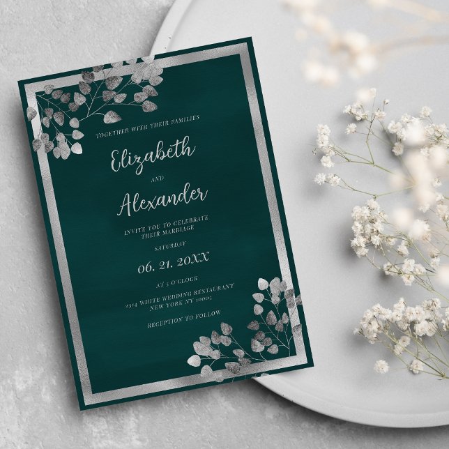 Invitación Boda elegante de la hoja de eucalipto de plata ver (Dark green silver eucalyptus leaf elegant Wedding)