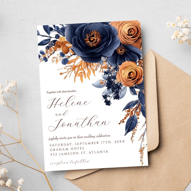 Invitación Boda elegante de la Marina Blue Terracotta (Navy Blue Terracotta Watercolor Elegant Wedding Invitation)
