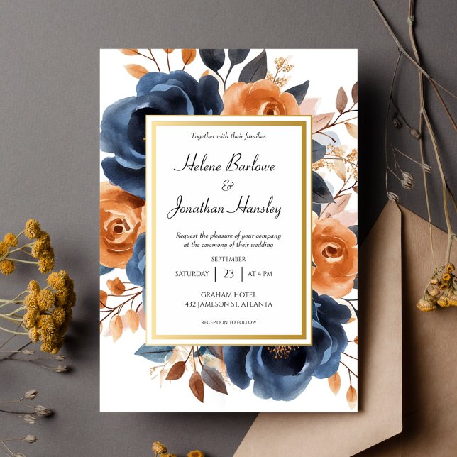 Invitación Boda elegante de la Marina Blue Terracotta (Navy Blue Terracotta Watercolor Elegant Wedding Invitation)