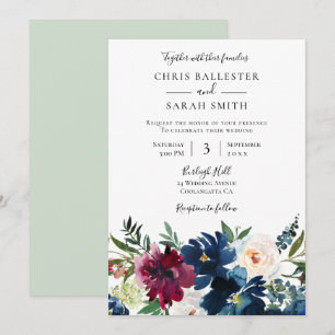 Invitación Boda elegante de la Marina Borgoña y Flores Blanca