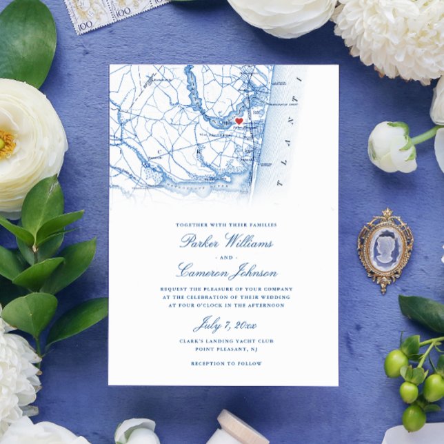 Invitación Boda elegante de la Marina de Nueva Jersey (Point Pleasant NJ Yacht Club Wedding Invitation in Elegant Navy Blue from Coastal Map Designs)