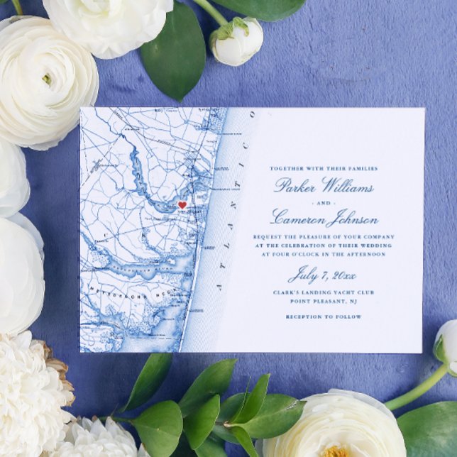 Invitación Boda elegante de la Marina de Nueva Jersey (Point Pleasant NJ Map Wedding Invitation in Elegant Navy Blue from Coastal Map Designs)