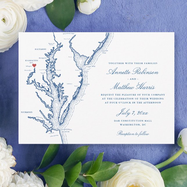 Invitación Boda elegante de la Marina en el mapa de Washingto (Washington DC Map Wedding invitation with elegant navy blue Chesapeake Bay by Coastal Map Designs)