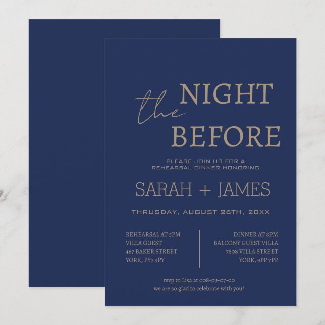 Invitación Boda elegante de la Marina la noche antes de la ce (Anverso / Reverso)