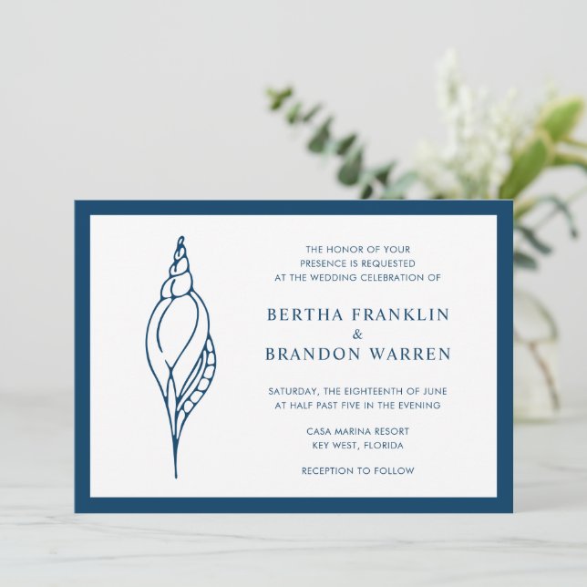 Invitación Boda elegante de la Marina Náutica Blue Seashell B (Anverso de pie)