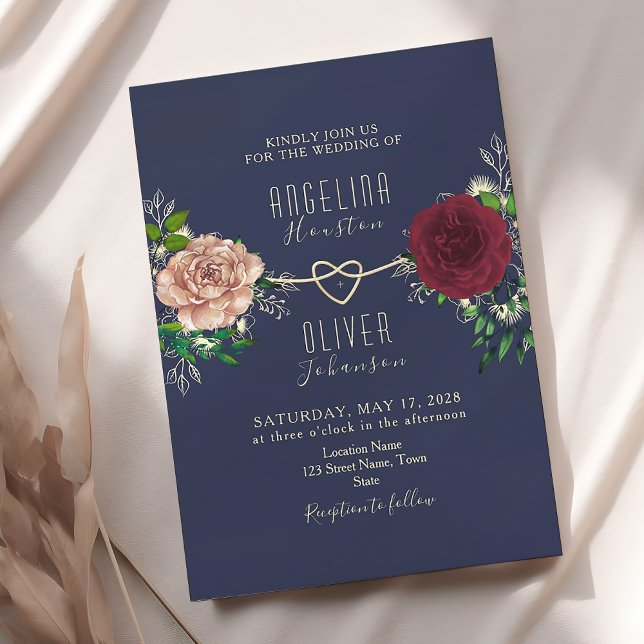 Invitación Boda elegante de la Marina y Borgoña Floral (Subido por el creador)