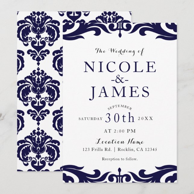 Invitación Boda elegante de la Moda Navy Blue & White Damask (Anverso / Reverso)