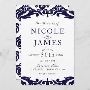 Invitación Boda elegante de la Moda Navy Blue & White Damask