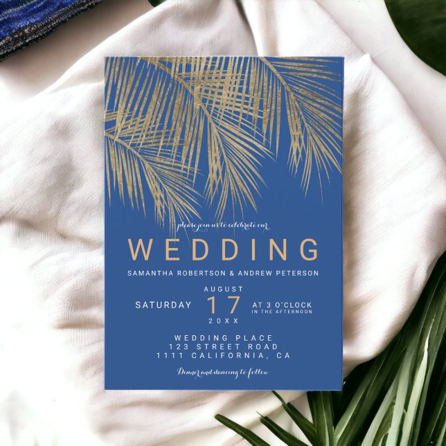 Invitación Boda elegante de la palmera dorada azul moderna (Modern blue gold palm tree elegant wedding invitation)