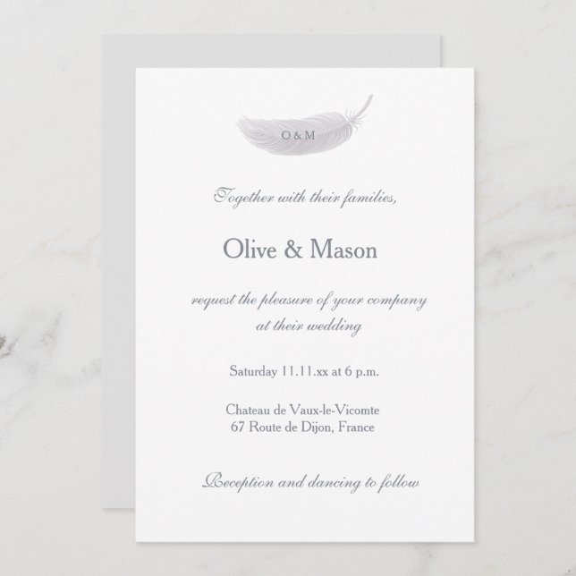 Invitación Boda elegante de la piel de ángel gris blanco mono (Anverso / Reverso)